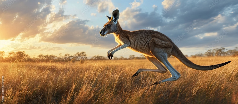 Kangaroo Leaping at Sunset in the Australian Outback Kangaroo Leaping at Sunset in the Australian Outback
