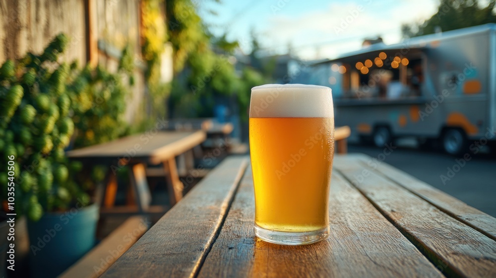 Frosty American IPA on picnic table in outdoor brewery garden with hop plants and food trucks.