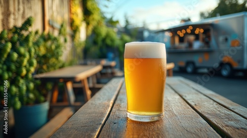 Obraz na płótnie Frosty American IPA on picnic table in outdoor brewery garden with hop plants and food trucks.
w salonie