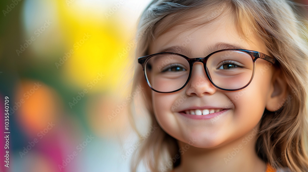 Happy Little Girl in Glasses with Colorful Blurred Background