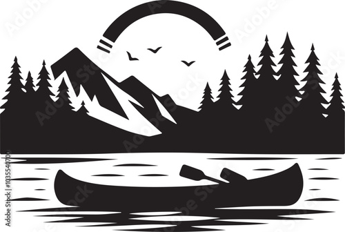 Canoe with pine tree silhouette design vector art illustration