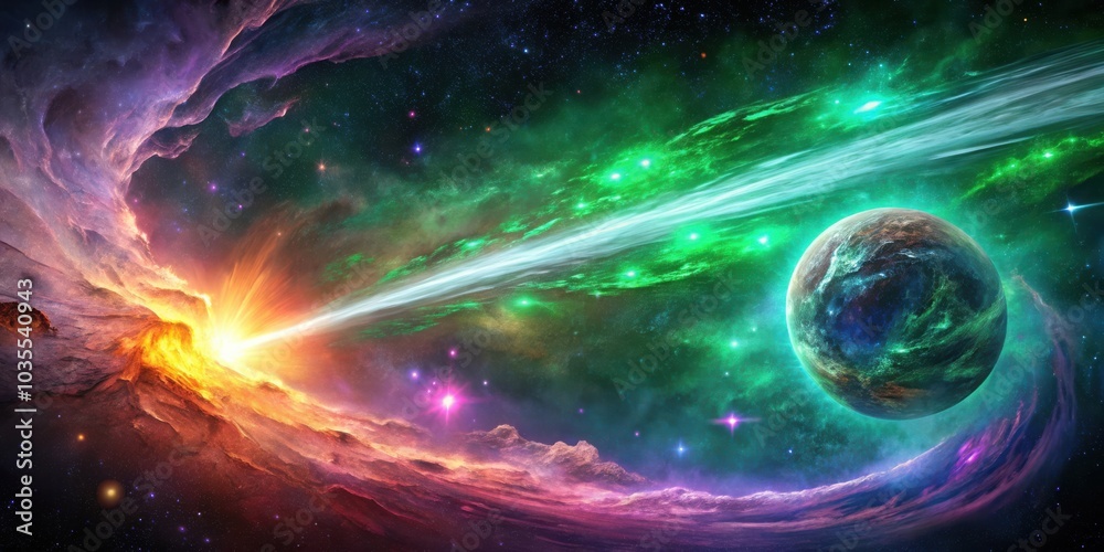 Obraz premium A celestial explosion creates a fiery trail across a swirling nebula, with a distant planet caught in the cosmic dance.
