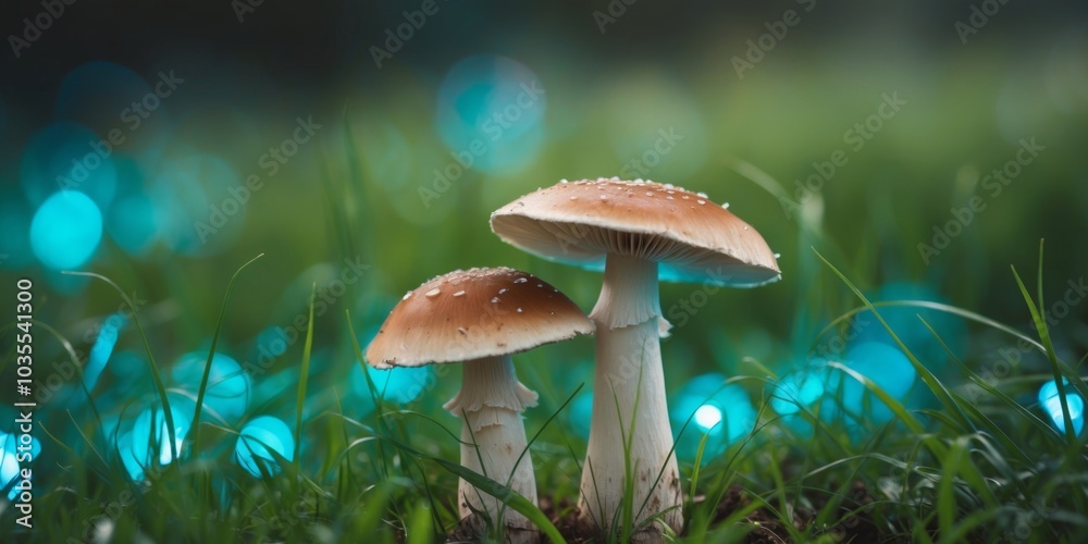 Two mushrooms in a field of grass with blue and green lights. Two mushrooms in a field of grass with blue and green lights.
