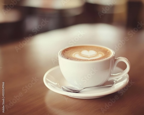 Cup of coffee on a saucer with a spoon on a table - Food and Drink