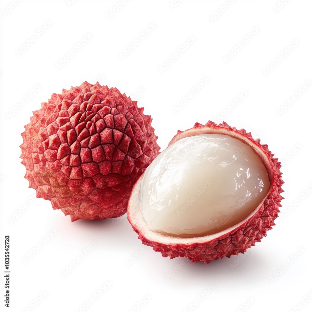 Fresh ripe lychee fruit with peeled juicy flesh and rough pink shell Fresh ripe lychee fruit with peeled juicy flesh and rough pink shell