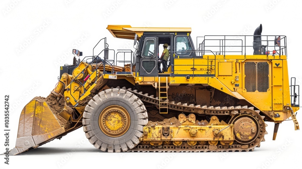 Obraz premium Heavy equipment machine and manufacturing equipment for open-pit mining Big yellow front-end loader or all-wheel bulldozer isolated on white background.