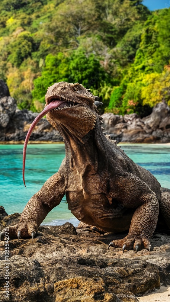 Fototapeta premium Wildlife rough skin large lizard rocky beach tropical Komodo dragon reptile sunning Indonesia nature