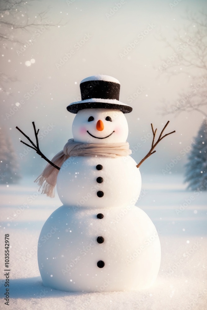 Fototapeta premium Whimsical Snowman Stands Tall in Dreamy Winter Landscape.
