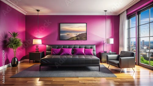 Modern Bedroom Design: Sleek Black Sofa Against Hot Pink Wall Panoramic