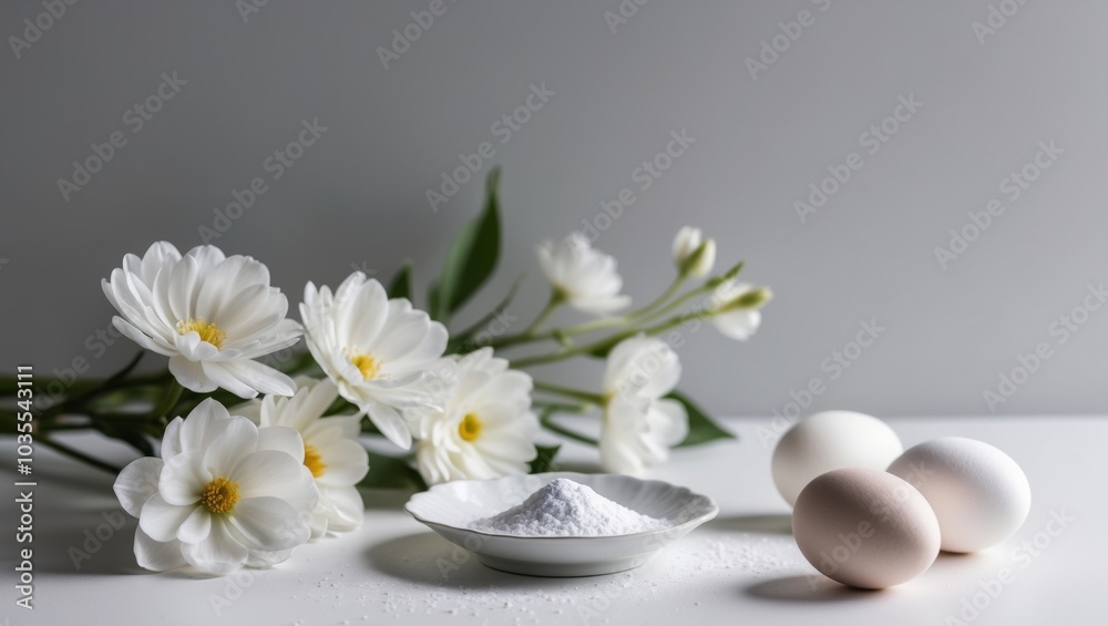White Floral Still Life with Powder and Eggs. White Floral Still Life with Powder and Eggs.