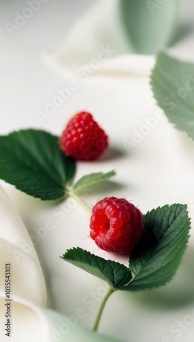 Two raspberries with green leaves on a blurred background. photo