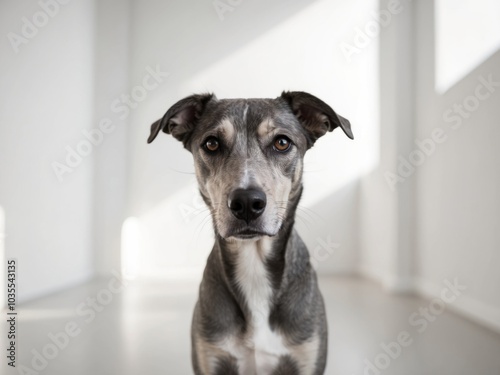 A tight shot of a poised canine gaze directly into the lens. photo