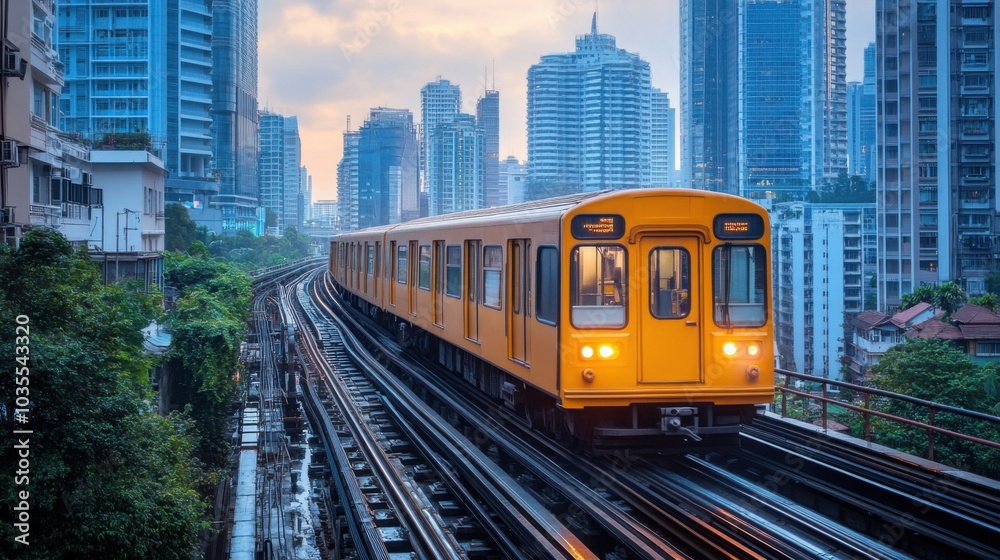 Naklejka premium A vibrant train speeds through a bustling city, showcasing a blur of yellow and blue in a minimalistic, dynamic urban setting