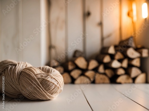 Cozy Scene with Yarn and Firewood in Background.