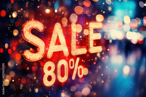 Sale 80% off, vibrant red signage, against blurred bokeh lights background.