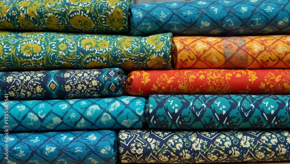 Colorful stack of traditional batik fabric in blues greens oranges with geometric floral patterns Colorful stack of traditional batik fabric in blues greens oranges with geometric floral patterns