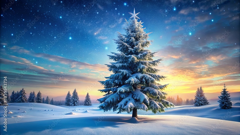 A lone snow-covered evergreen stands tall against a backdrop of a star-studded sky and a vibrant sunrise, casting a soft glow over a snow-covered landscape. A lone snow-covered evergreen stands tall against a backdrop of a star-studded sky and a vibrant sunrise, casting a soft glow over a snow-covered landscape.