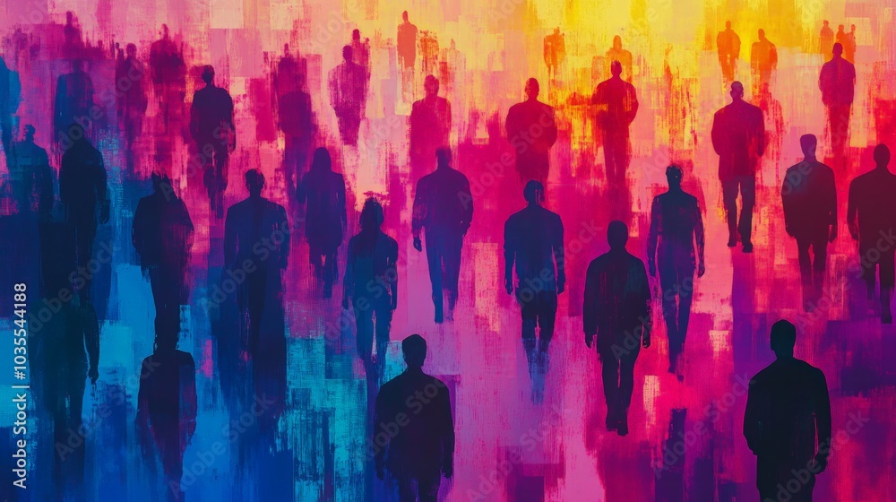 Vibrant Silhouettes of Diverse Individuals, an artistic representation showcasing a multitude of people in various colors, celebrating unity in diversity through generative art. Vibrant Silhouettes of Diverse Individuals, an artistic representation showcasing a multitude of people in various colors, celebrating unity in diversity through generative art.
