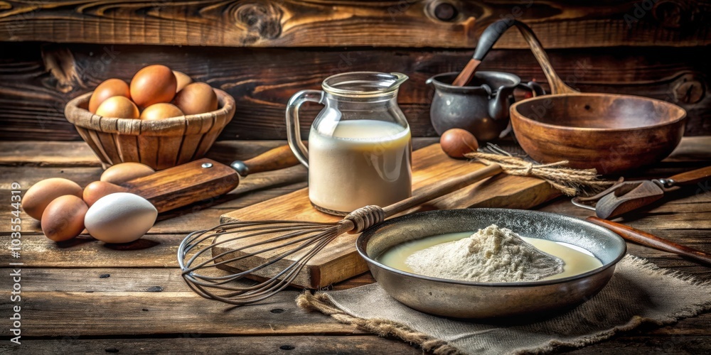 Fototapeta premium Rustic Kitchen Still Life with Ingredients for Baking Milk, Eggs, and Flour in a Bowl on a Wooden Table