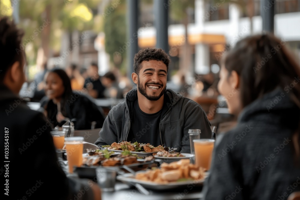 A group of friends share laughter and conversation over plates of fresh food in an outdoor cafeteria setting, embodying camaraderie and the joy of social dining. A group of friends share laughter and conversation over plates of fresh food in an outdoor cafeteria setting, embodying camaraderie and the joy of social dining.