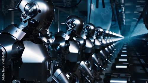 Advanced robots in a factory assembly line. Automation concept	 photo