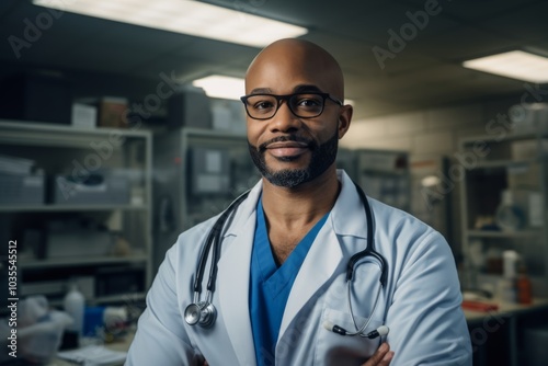 Portrait of a smiling African American male veterinarian in office