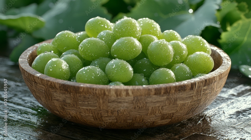 A wooden bowl filled with fresh, green grapes, glistening with dew drops. A wooden bowl filled with fresh, green grapes, glistening with dew drops.