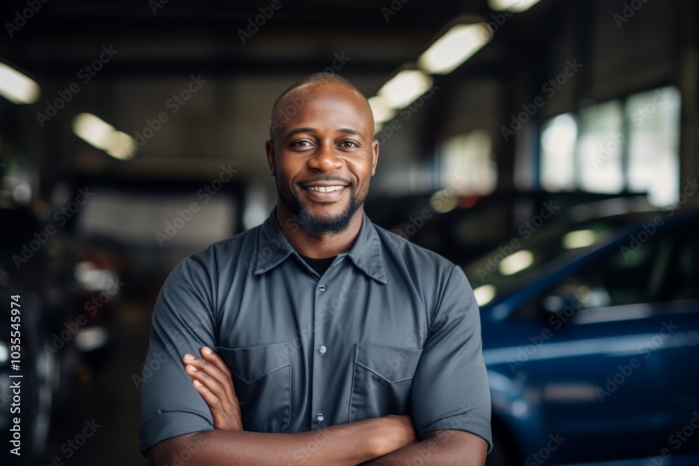 Portrait of a smiling middle aged African American car mechanic Portrait of a smiling middle aged African American car mechanic
