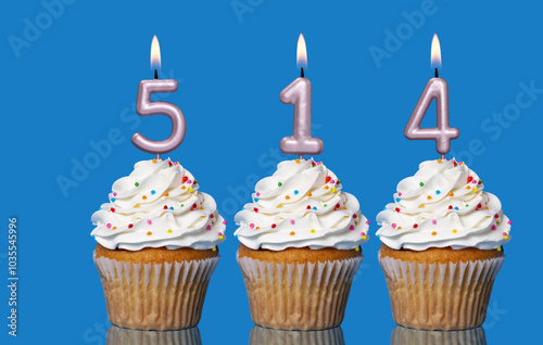 Birthday Cupcakes With Candles Lit Forming The Number 514