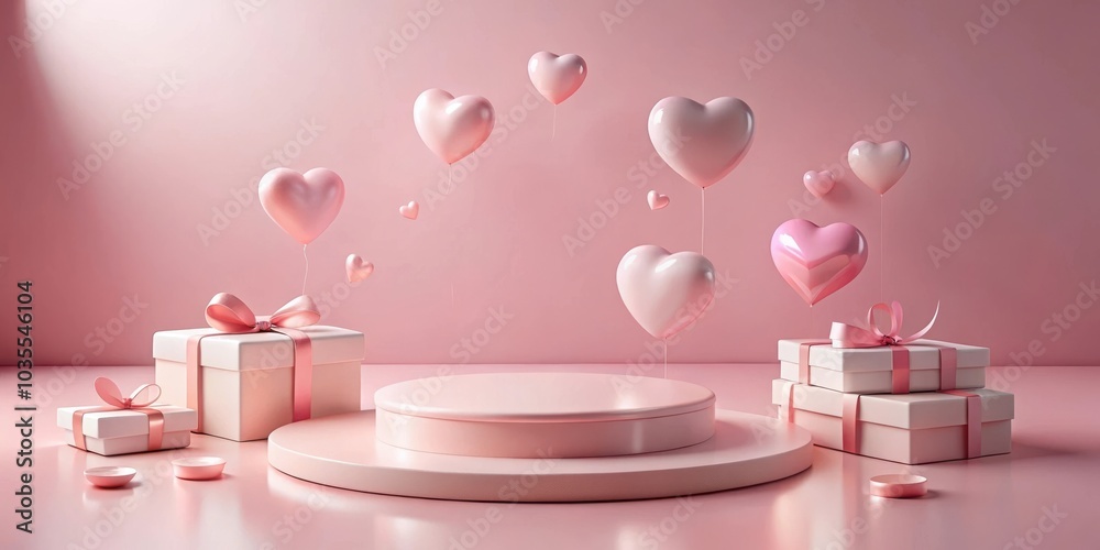 A pastel pink backdrop with heart shaped balloons floating around a gift box and a cylindrical platform A pastel pink backdrop with heart shaped balloons floating around a gift box and a cylindrical platform