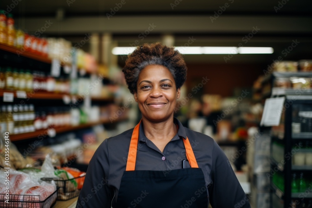 Portrait of a middle aged African American worker in grocery store Portrait of a middle aged African American worker in grocery store