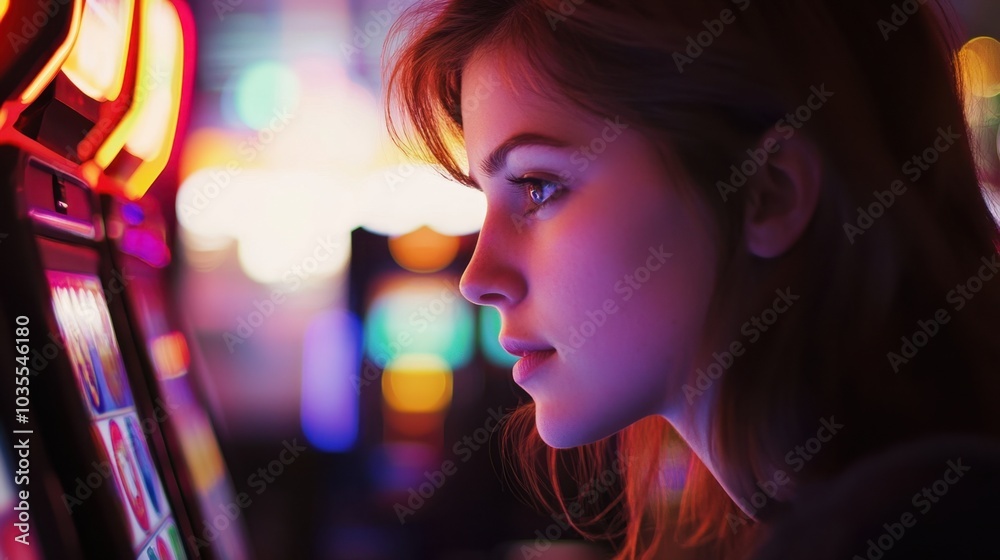 A captivating image of a young woman playing a slot machine, with her eyes on the screen A captivating image of a young woman playing a slot machine, with her eyes on the screen