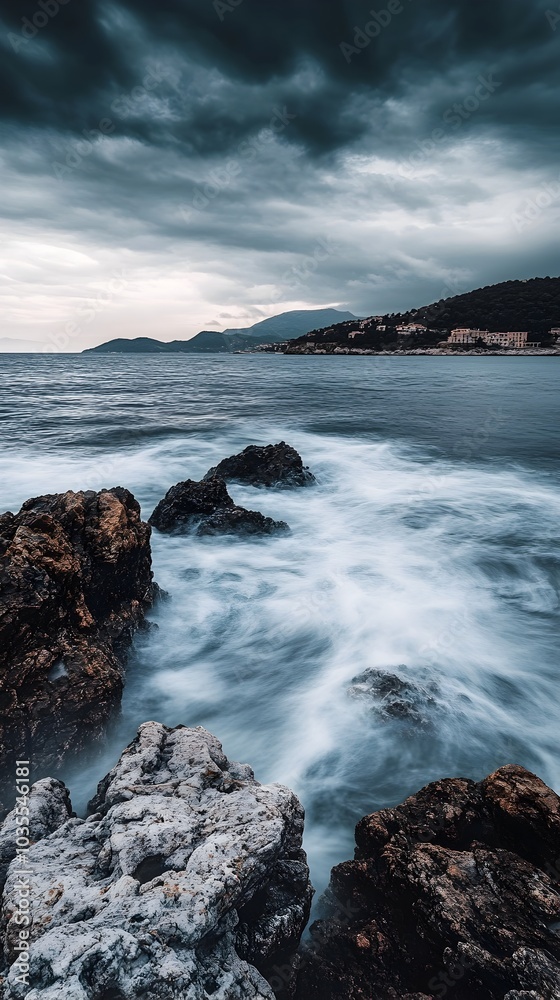 Fototapeta premium Moody Seascape with Smoothing Waves Crashing on Rocky Coastline at Twilight