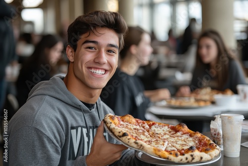 A teenage boy with dark hair smiles widely as he enjoys a slice of cheesy pizza, with casual seating and other students in the lively and bustling background.