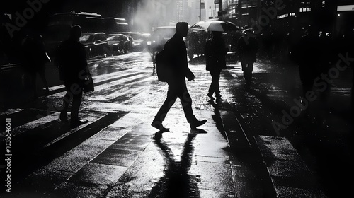 Wallpaper Mural Solitary Figure Navigates Rainy Urban Landscape in Dramatic Monochrome Torontodigital.ca