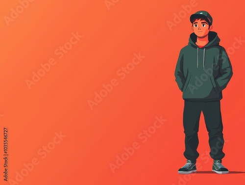 Illustrated young man in casual attire stands confidently against a vibrant orange background. Perfect for fashion and lifestyle themes.