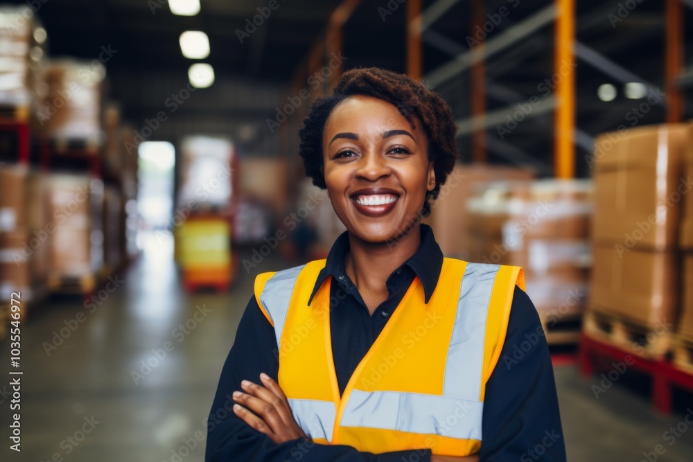 Portrait of a joyful middle aged African American female warehouse worker Portrait of a joyful middle aged African American female warehouse worker