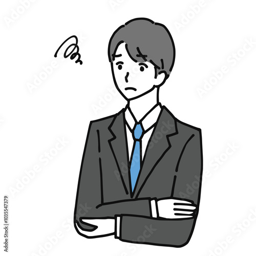 困って腕を組んでいる若いビジネスマンのイラスト