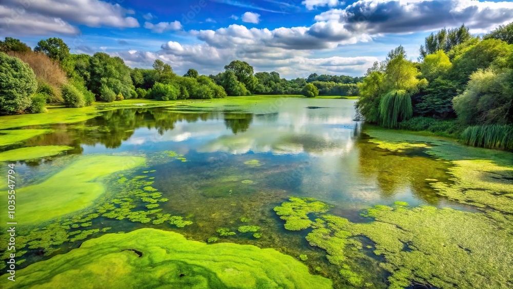 A green slimy algae coating covers the surface of a polluted lake with aquatic plants and trees surrounding it, nature, wetlands, industrial waste A green slimy algae coating covers the surface of a polluted lake with aquatic plants and trees surrounding it, nature, wetlands, industrial waste