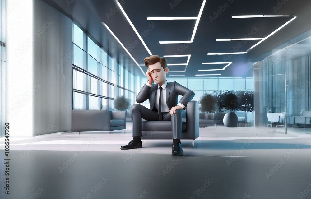 A cartoon man in a suit sits with his head in his hands, looking stressed and overwhelmed in a modern office setting.
