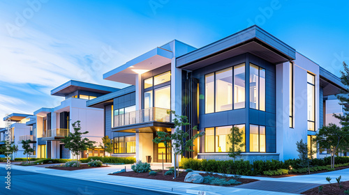 Modern building with sleek design showcasing contemporary architecture and residential appeal at dusk