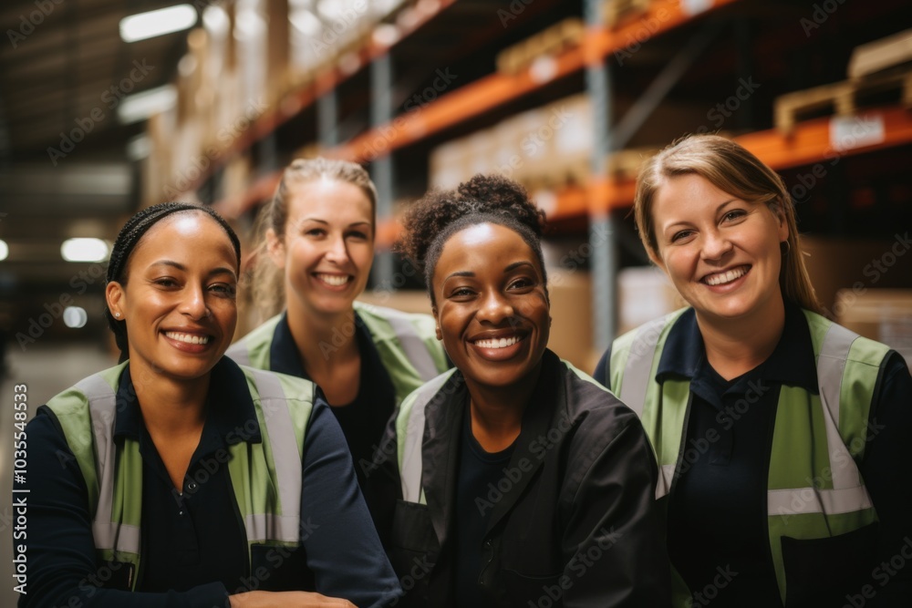 Smiling portrait of a diverse group of female warehouse workers