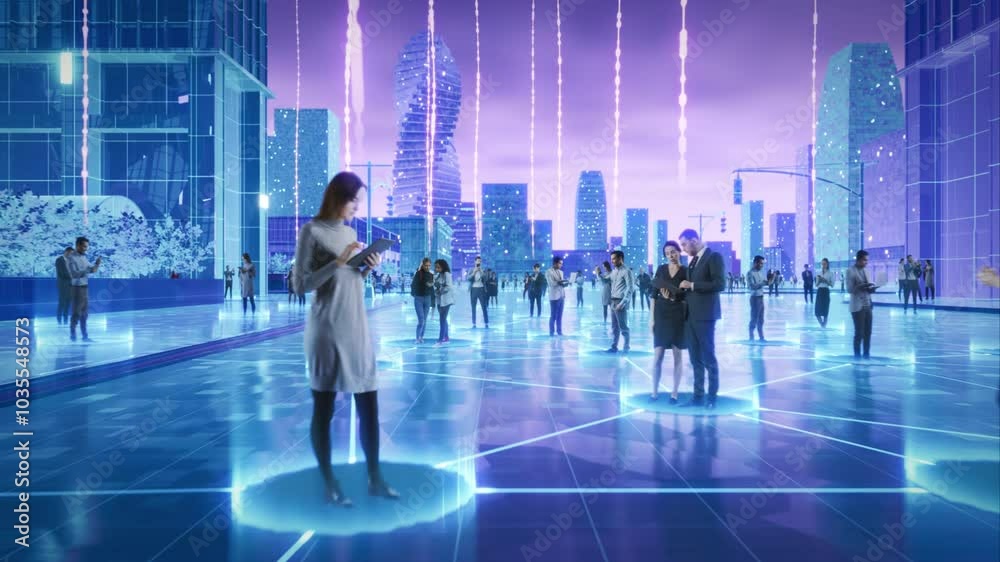 Futuristic Cityscape Where Diverse Individuals Engage With Digital Devices, Interconnected by Glowing Data Streams. Perfect for Illustrating Trends in Big Data, Machine Learning.