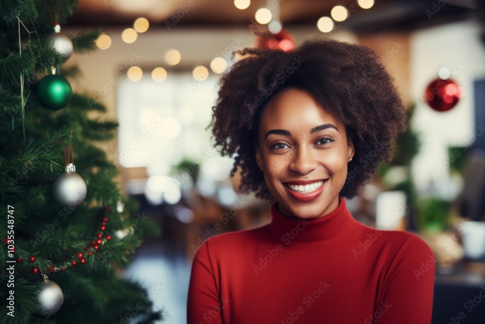 Smiling portrait of a middle aged woman in startup office decorated for Christmas Smiling portrait of a middle aged woman in startup office decorated for Christmas