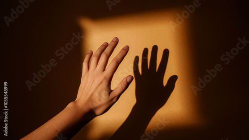 hand reaching towards warm golden light, casting soft shadow on textured wall, evokes sense of warmth and tranquility