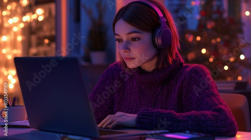 Woman Working on Laptop at Home During Christmas