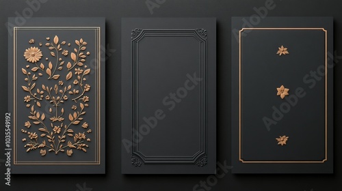 Three opulent cards featuring black backgrounds, silver foil accents, and intricate floral designs, very realistic