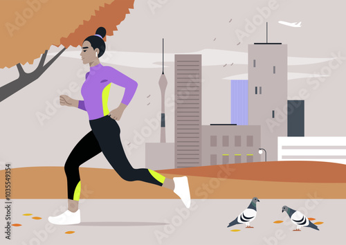 In a stunning autumn setting, a determined runner moves swiftly along a city path, surrounded by colorful trees and the gentle presence of pigeons, capturing the essence of the season