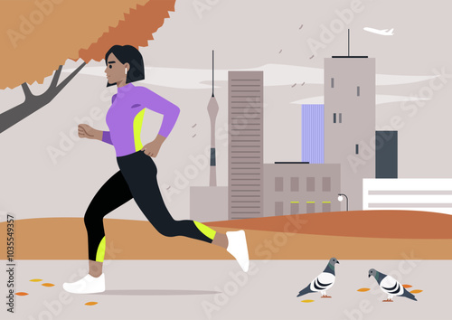 In a stunning autumn setting, a determined runner moves swiftly along a city path, surrounded by colorful trees and the gentle presence of pigeons, capturing the essence of the season