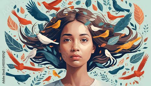 Mental health issues concept. Girl surrounded by swirling abstract as birds and leaves